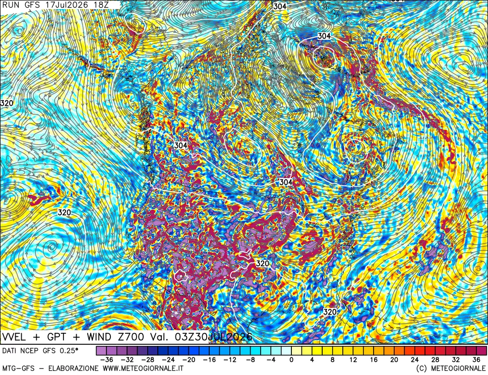 mappa 700 hPa Velocità verticiali + GPT + Vento