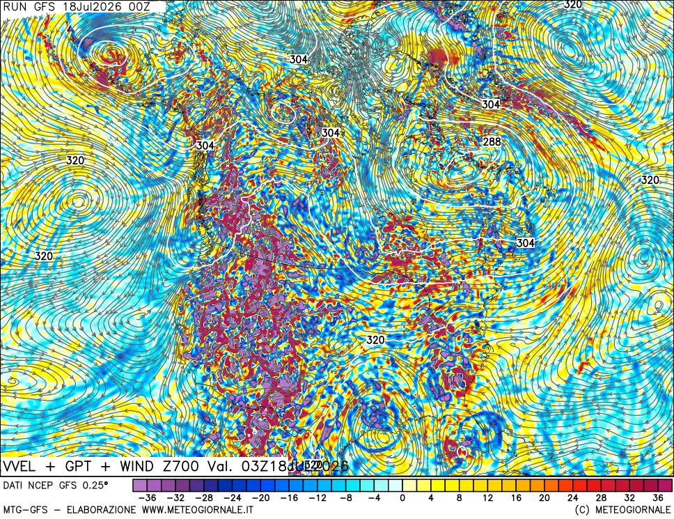 mappa 700 hPa Velocità verticiali + GPT + Vento