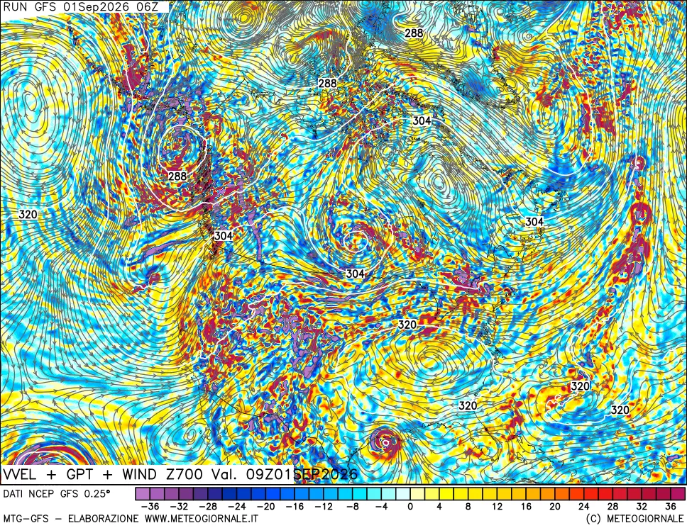 mappa 700 hPa Velocità verticiali + GPT + Vento