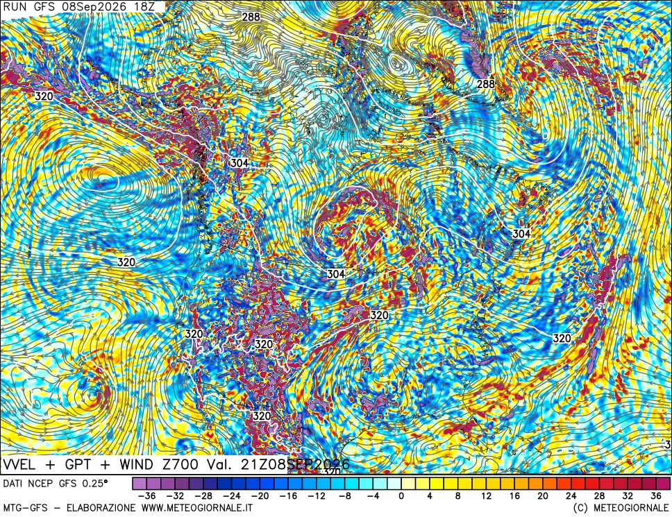 mappa 700 hPa Velocità verticiali + GPT + Vento