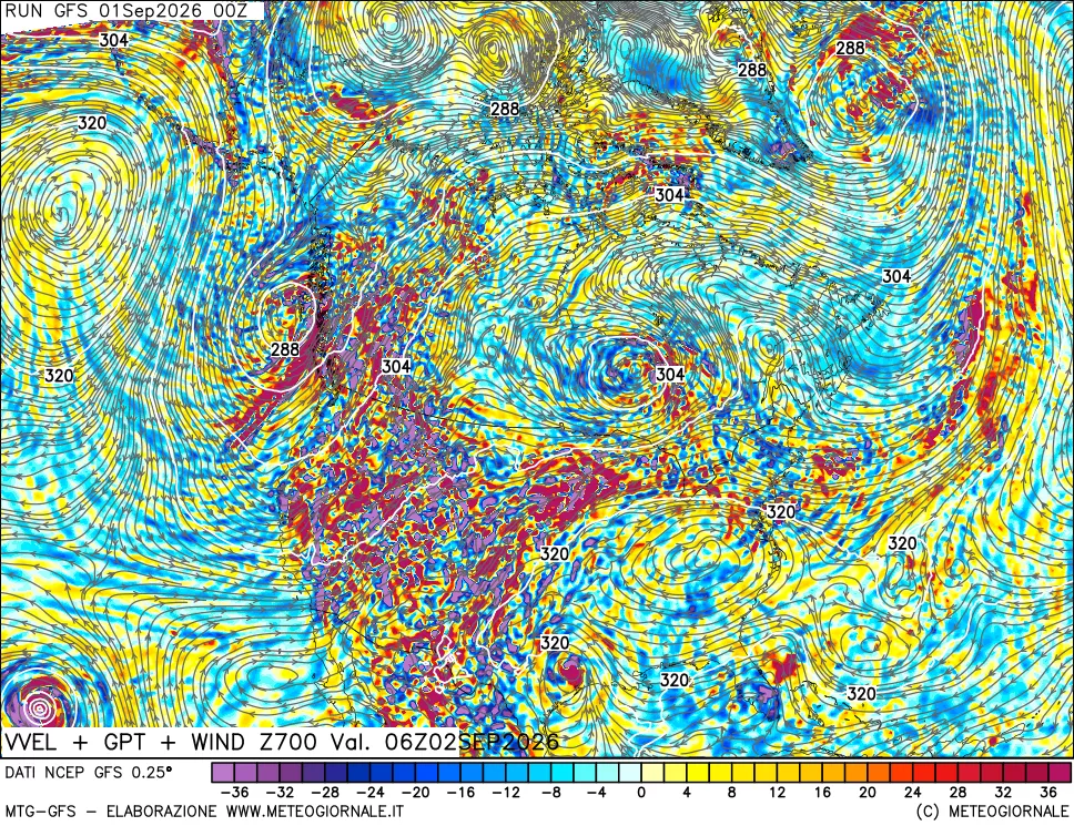mappa 700 hPa Velocità verticiali + GPT + Vento
