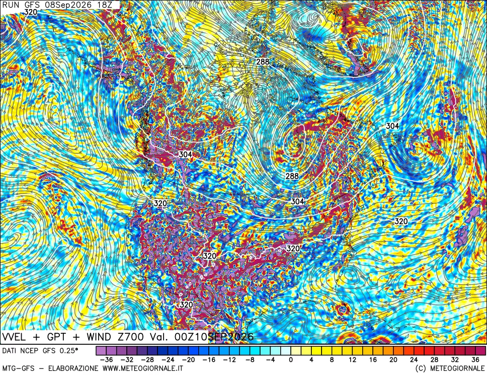 mappa 700 hPa Velocità verticiali + GPT + Vento