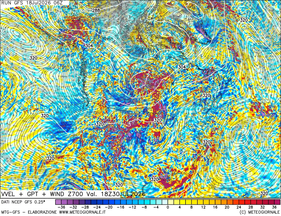 mappa 700 hPa Velocità verticiali + GPT + Vento