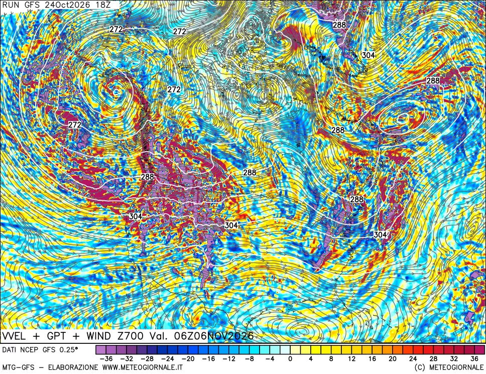 mappa 700 hPa Velocità verticiali + GPT + Vento