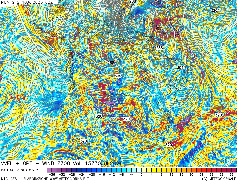 mappa 700 hPa Velocità verticiali + GPT + Vento