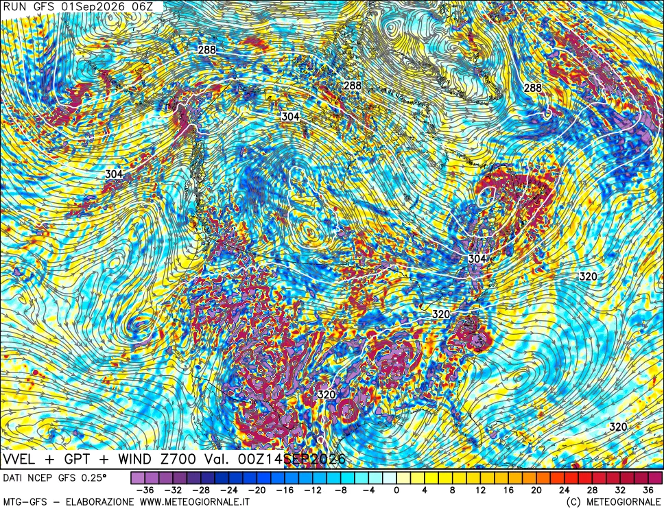mappa 700 hPa Velocità verticiali + GPT + Vento