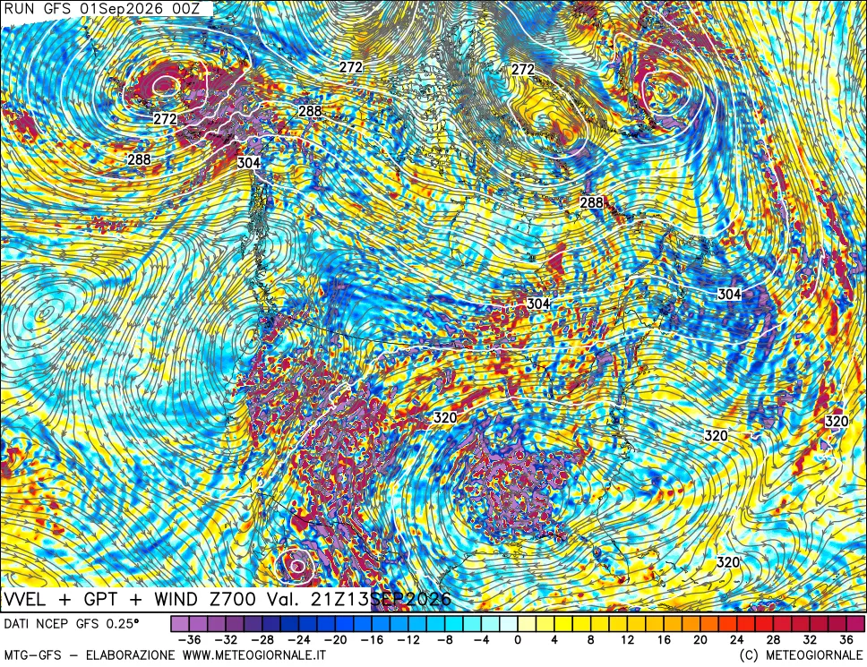 mappa 700 hPa Velocità verticiali + GPT + Vento