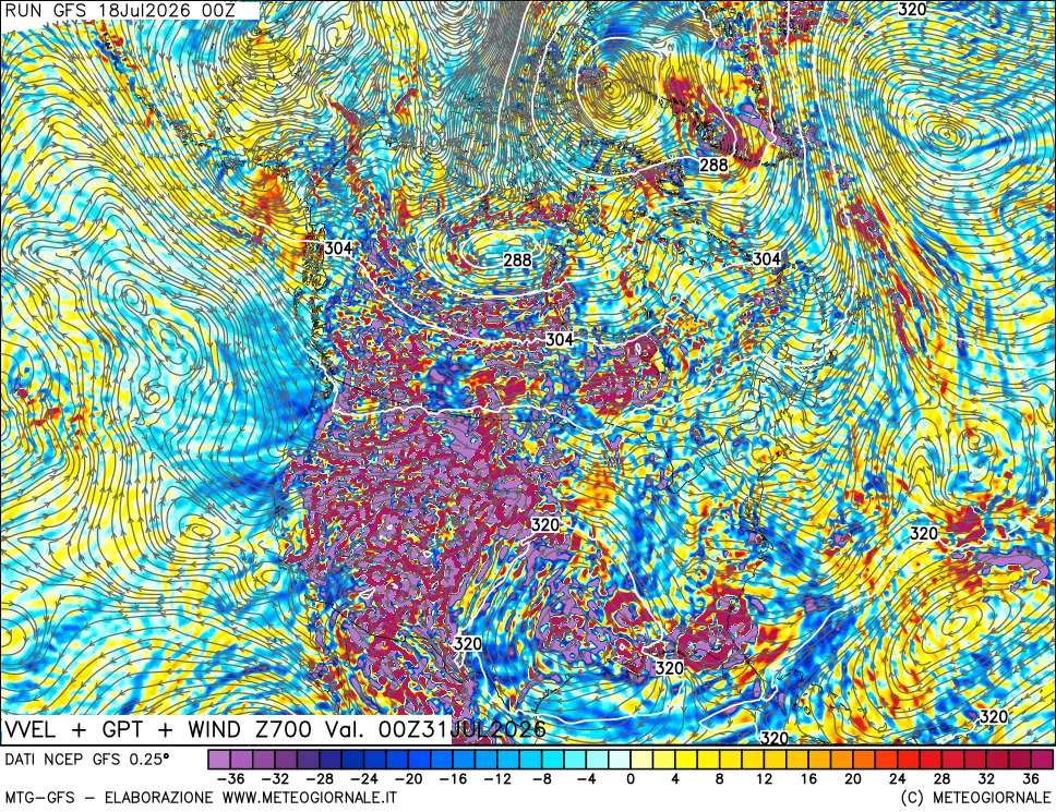 mappa 700 hPa Velocità verticiali + GPT + Vento