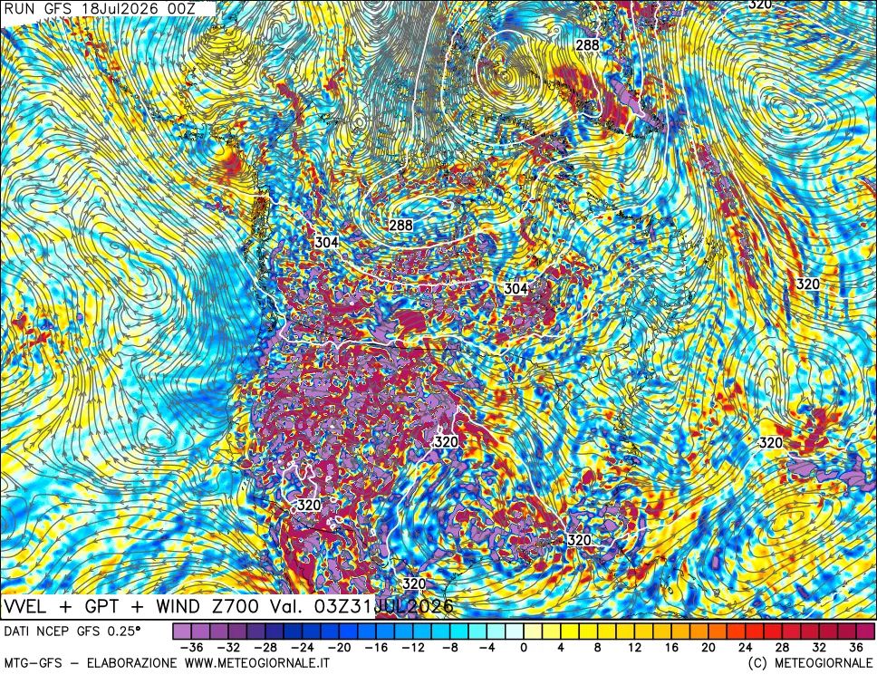 mappa 700 hPa Velocità verticiali + GPT + Vento