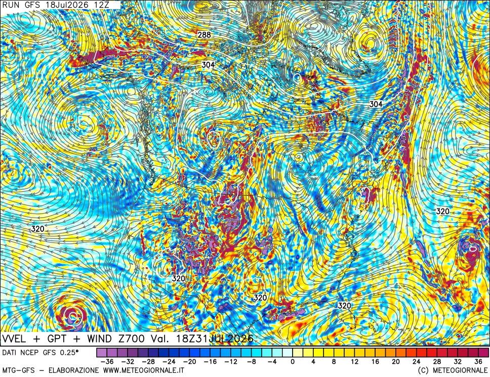 mappa 700 hPa Velocità verticiali + GPT + Vento
