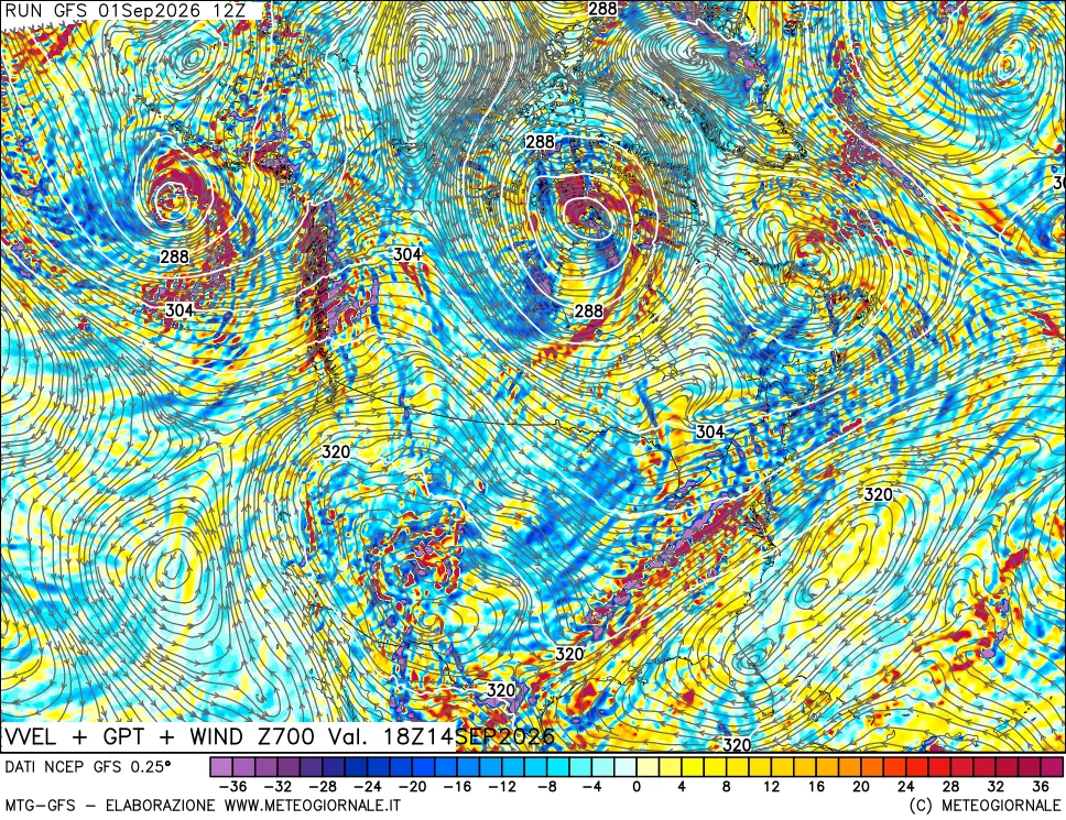 mappa 700 hPa Velocità verticiali + GPT + Vento
