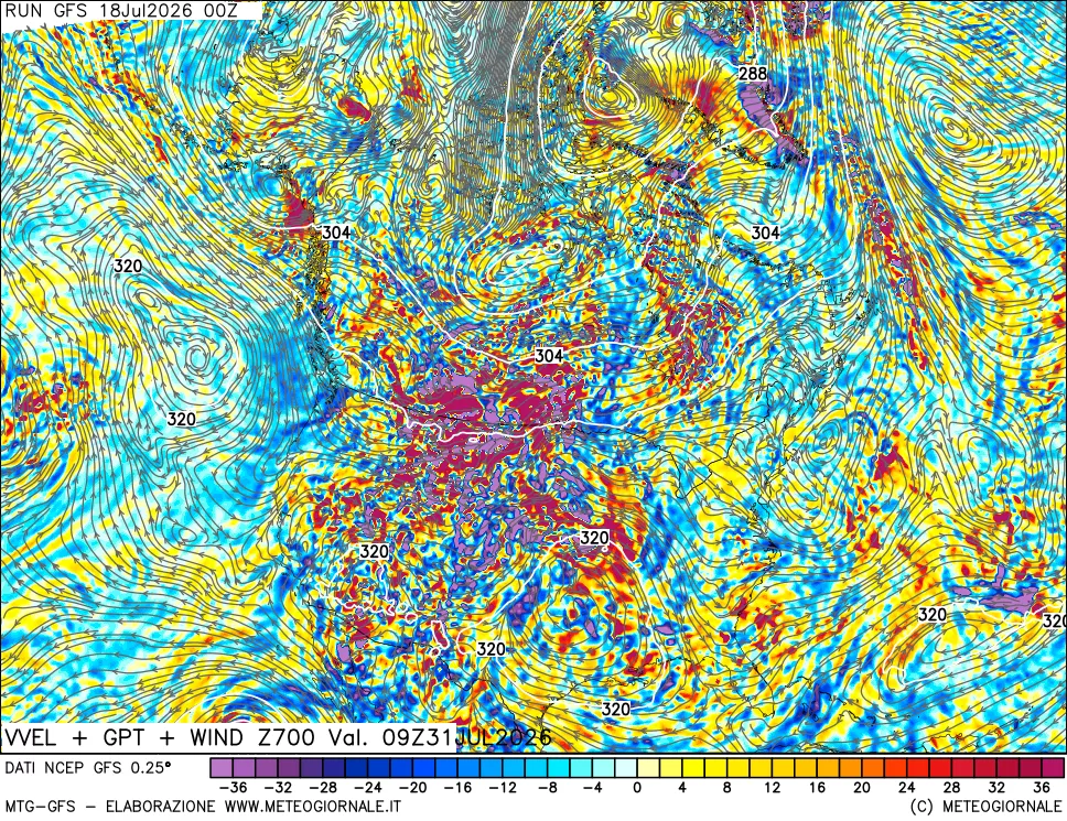 mappa 700 hPa Velocità verticiali + GPT + Vento