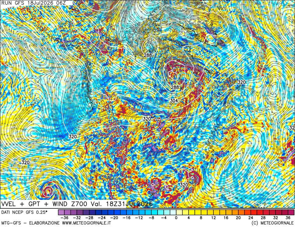 mappa 700 hPa Velocità verticiali + GPT + Vento