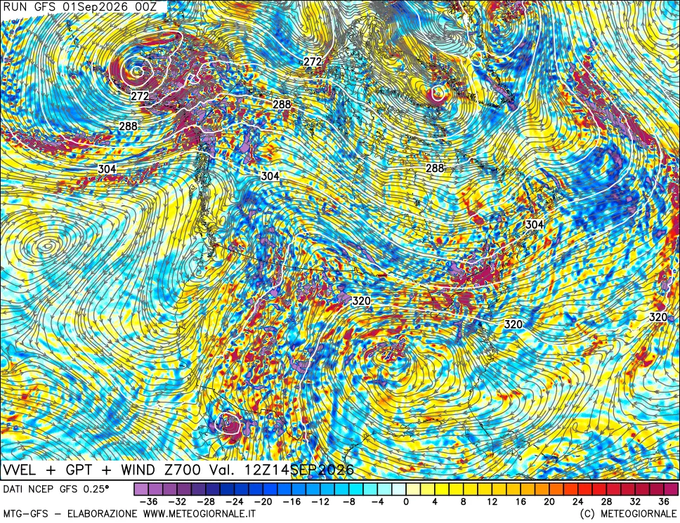 mappa 700 hPa Velocità verticiali + GPT + Vento