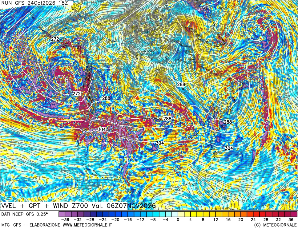mappa 700 hPa Velocità verticiali + GPT + Vento