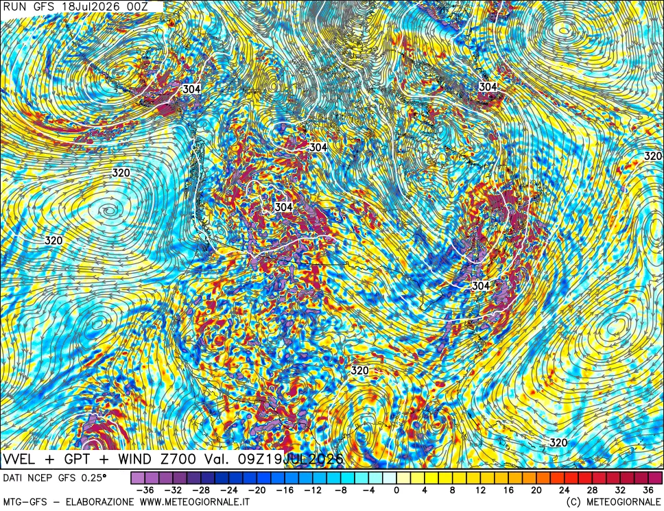 mappa 700 hPa Velocità verticiali + GPT + Vento
