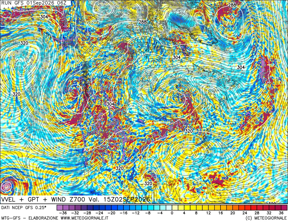 mappa 700 hPa Velocità verticiali + GPT + Vento