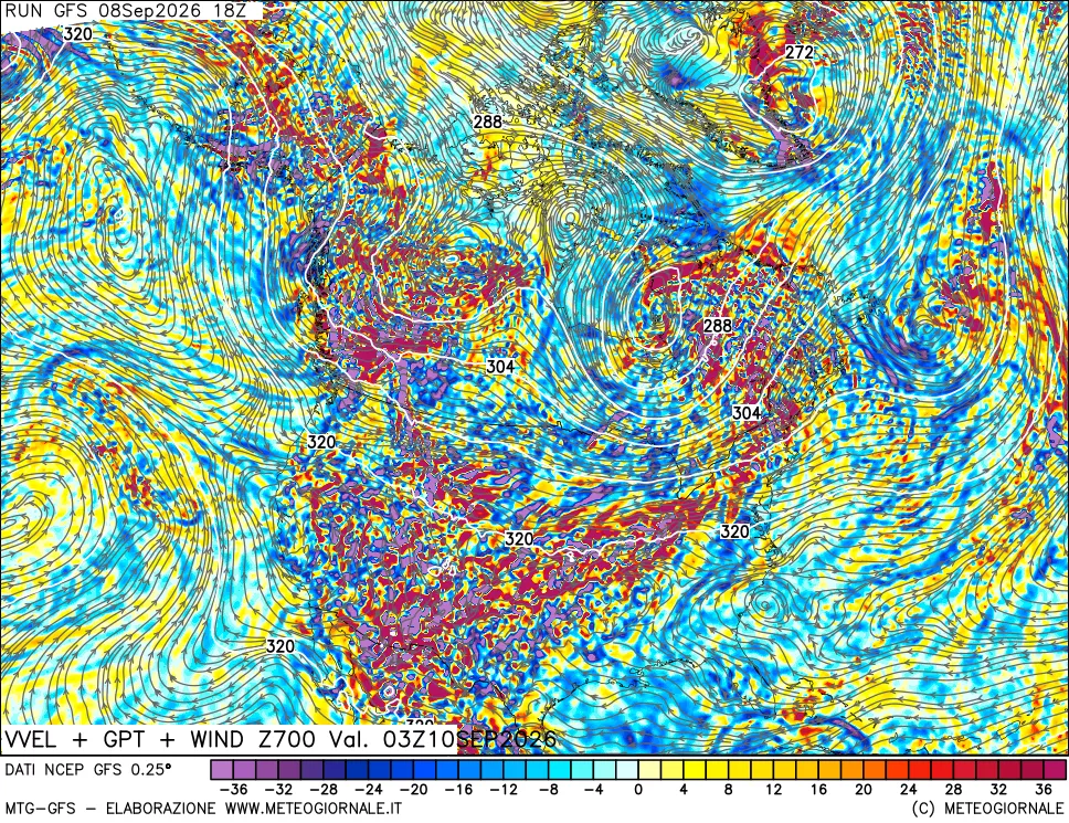 mappa 700 hPa Velocità verticiali + GPT + Vento