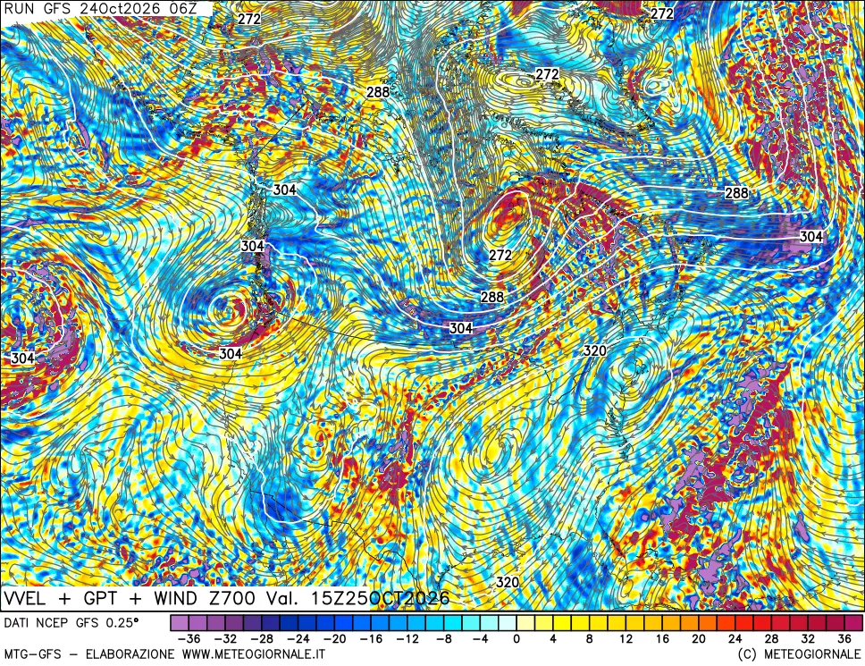 mappa 700 hPa Velocità verticiali + GPT + Vento