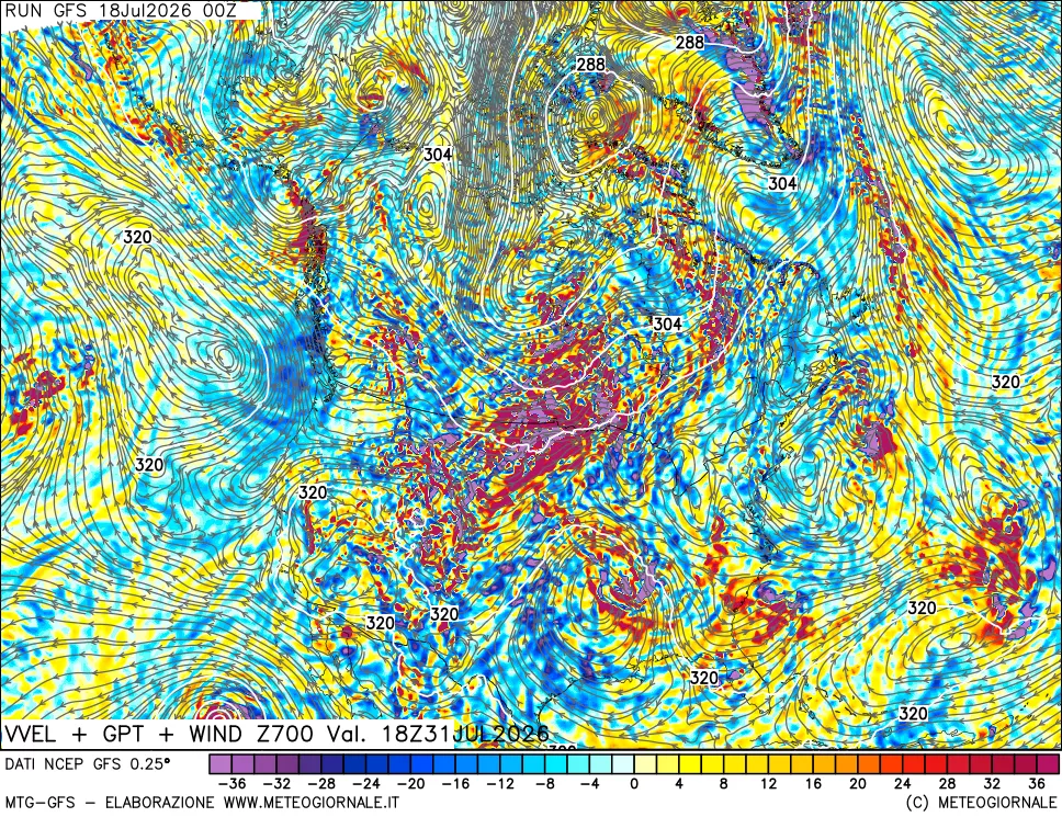 mappa 700 hPa Velocità verticiali + GPT + Vento