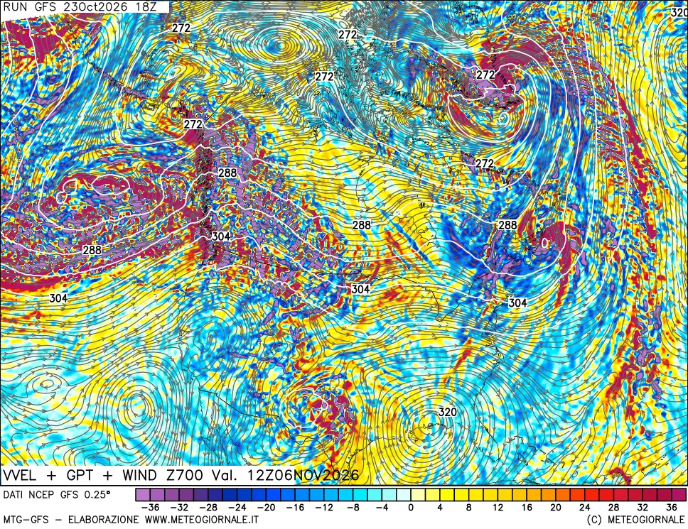 mappa 700 hPa Velocità verticiali + GPT + Vento