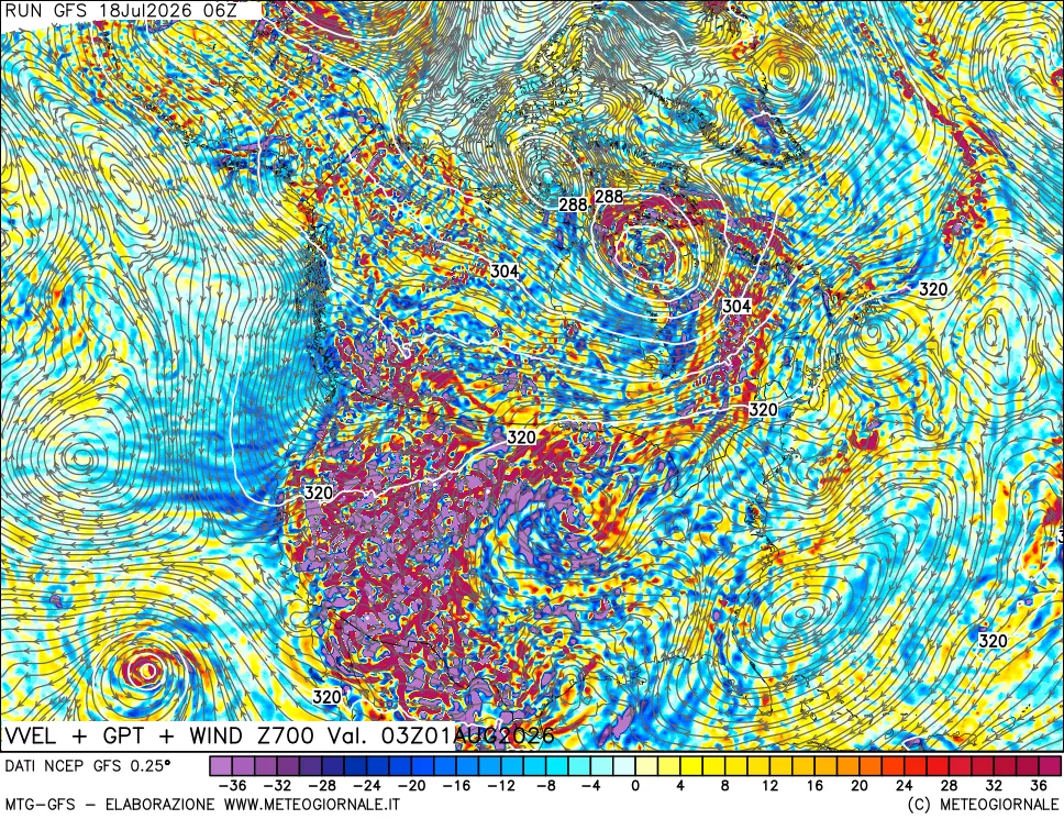 mappa 700 hPa Velocità verticiali + GPT + Vento