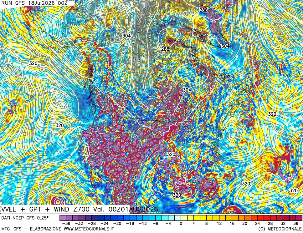 mappa 700 hPa Velocità verticiali + GPT + Vento