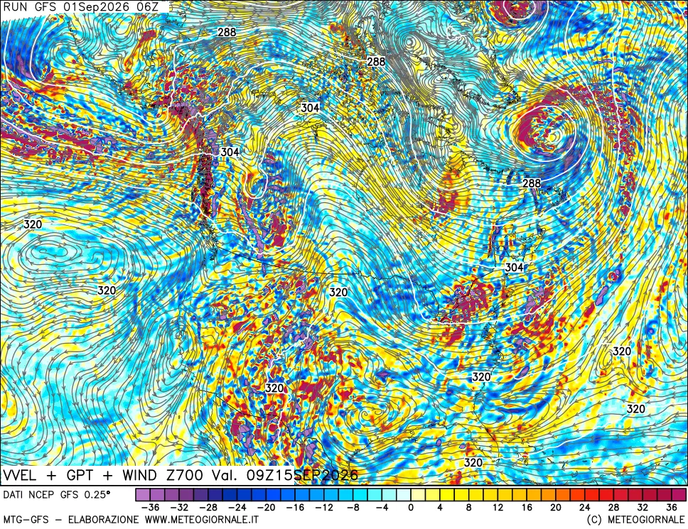 mappa 700 hPa Velocità verticiali + GPT + Vento