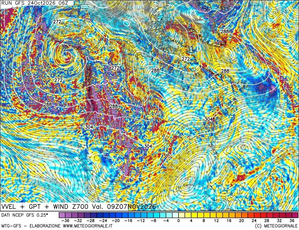 mappa 700 hPa Velocità verticiali + GPT + Vento
