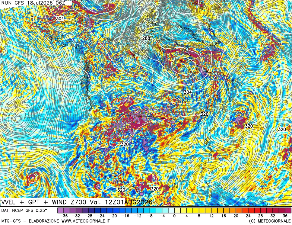 mappa 700 hPa Velocità verticiali + GPT + Vento