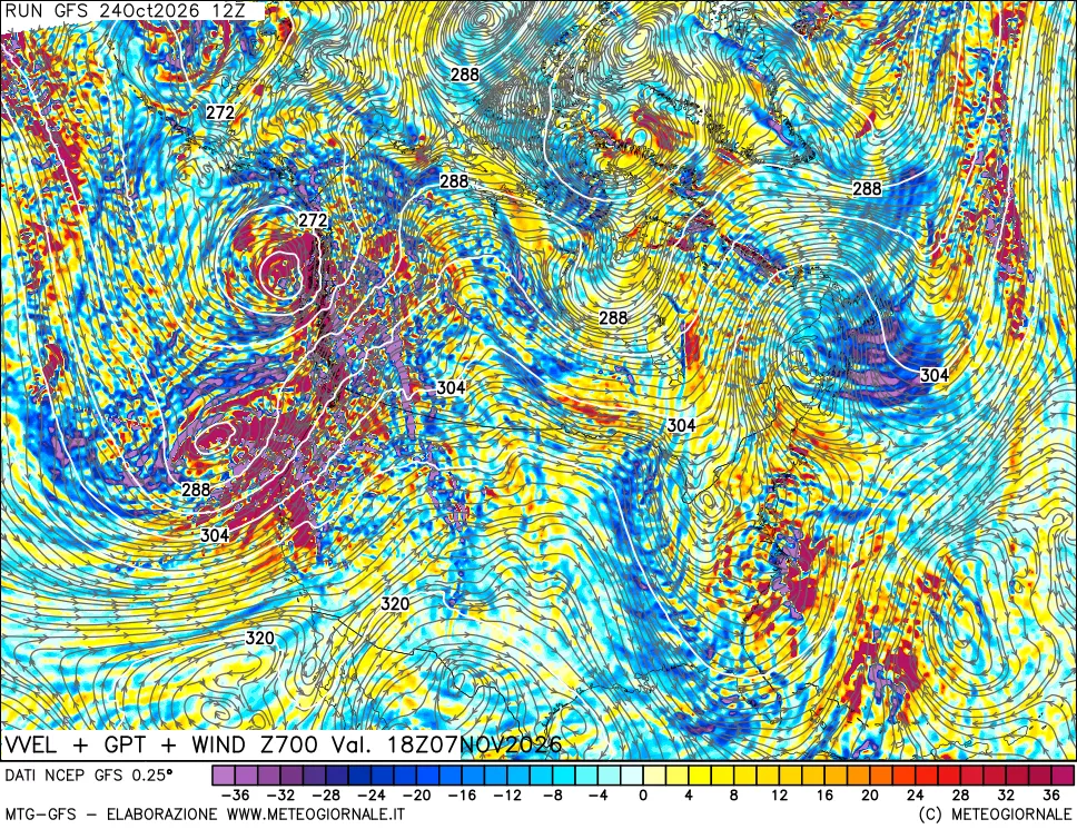 mappa 700 hPa Velocità verticiali + GPT + Vento