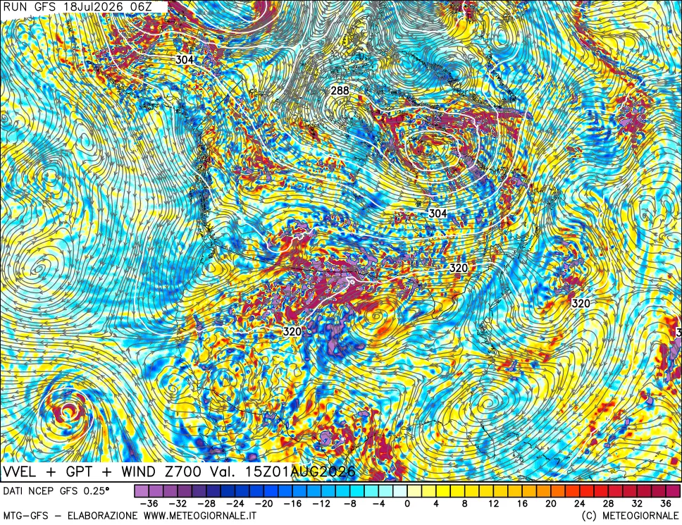 mappa 700 hPa Velocità verticiali + GPT + Vento