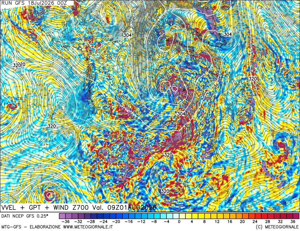 mappa 700 hPa Velocità verticiali + GPT + Vento