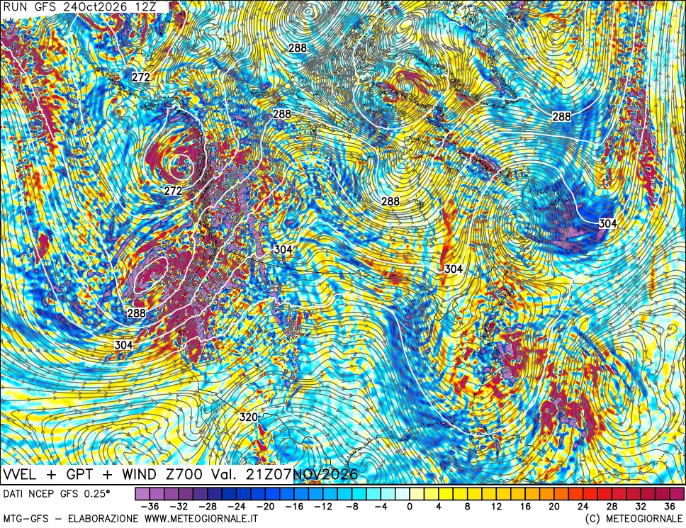 mappa 700 hPa Velocità verticiali + GPT + Vento
