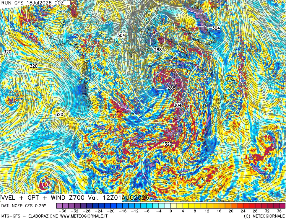 mappa 700 hPa Velocità verticiali + GPT + Vento
