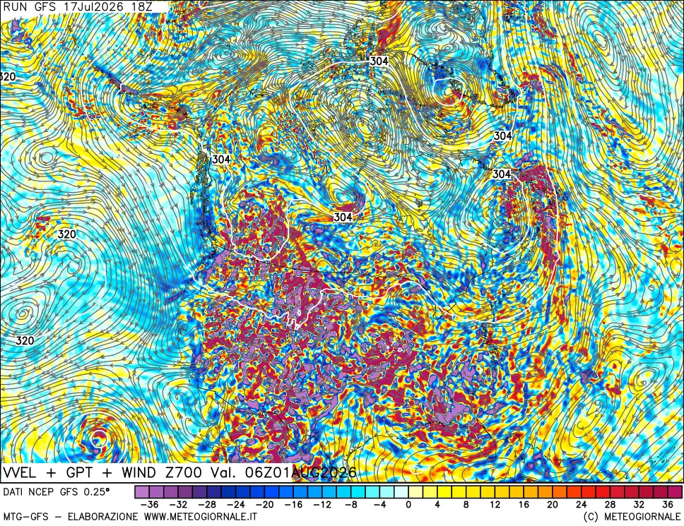 mappa 700 hPa Velocità verticiali + GPT + Vento