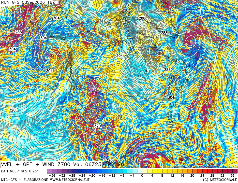 mappa 700 hPa Velocità verticiali + GPT + Vento