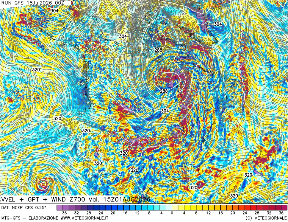 mappa 700 hPa Velocità verticiali + GPT + Vento