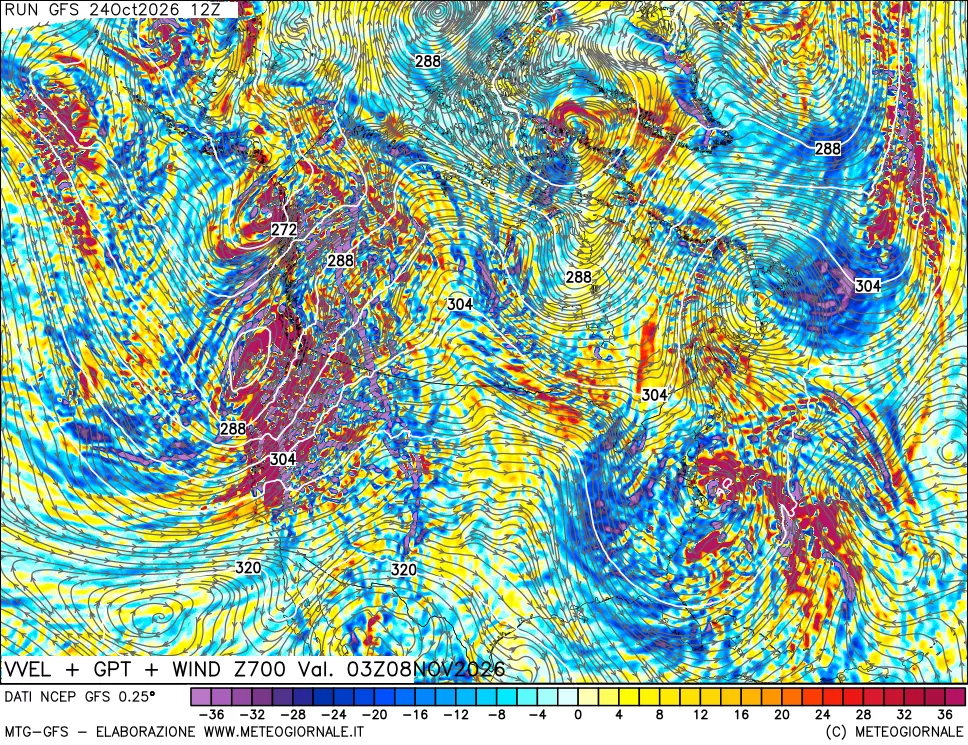 mappa 700 hPa Velocità verticiali + GPT + Vento