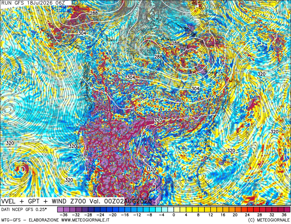mappa 700 hPa Velocità verticiali + GPT + Vento