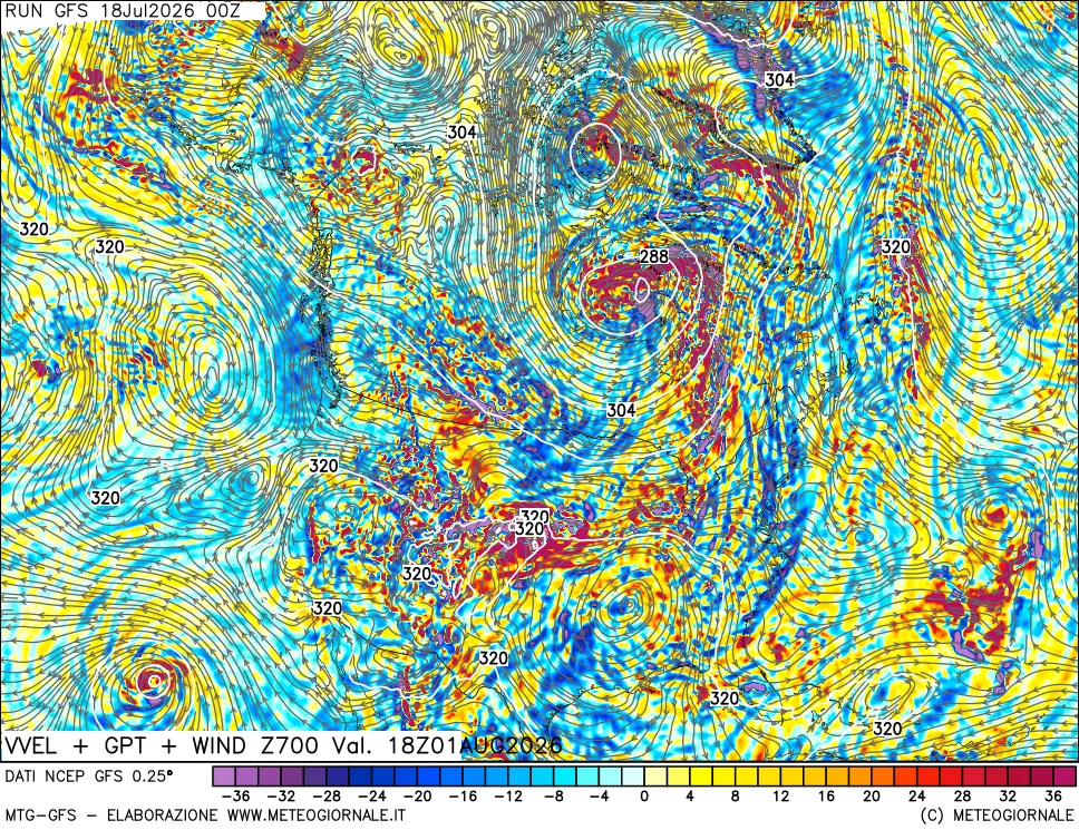 mappa 700 hPa Velocità verticiali + GPT + Vento