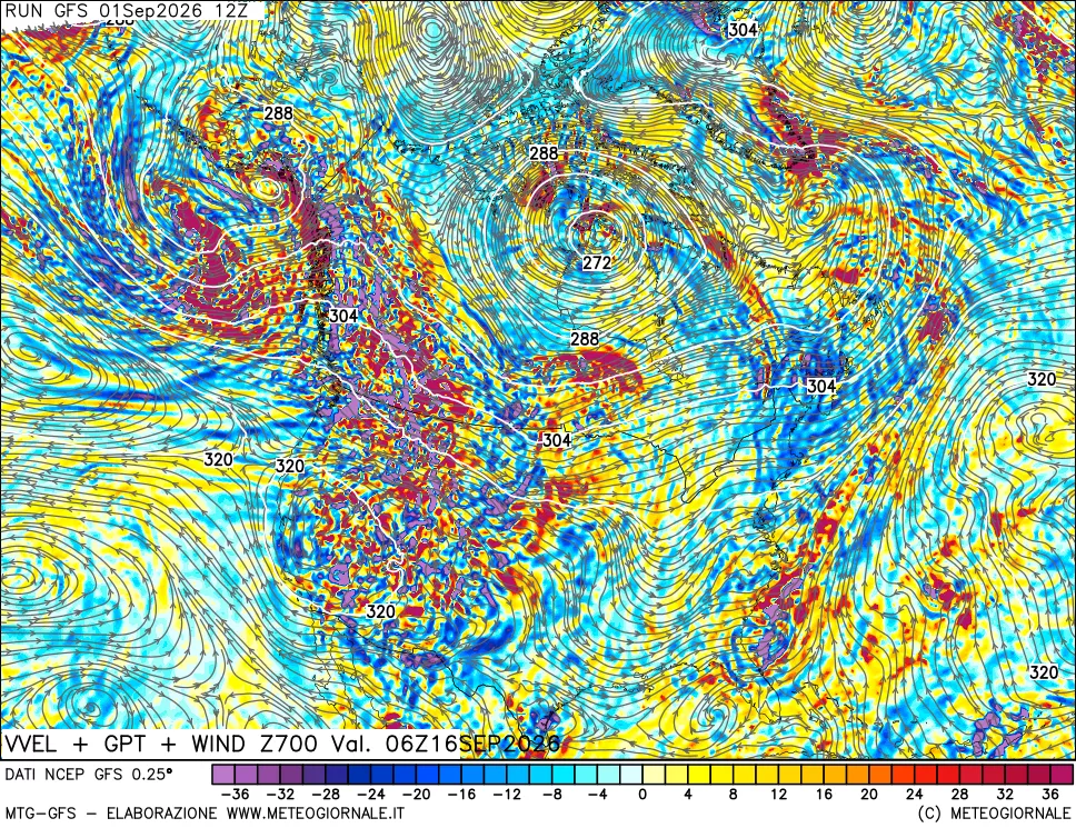 mappa 700 hPa Velocità verticiali + GPT + Vento
