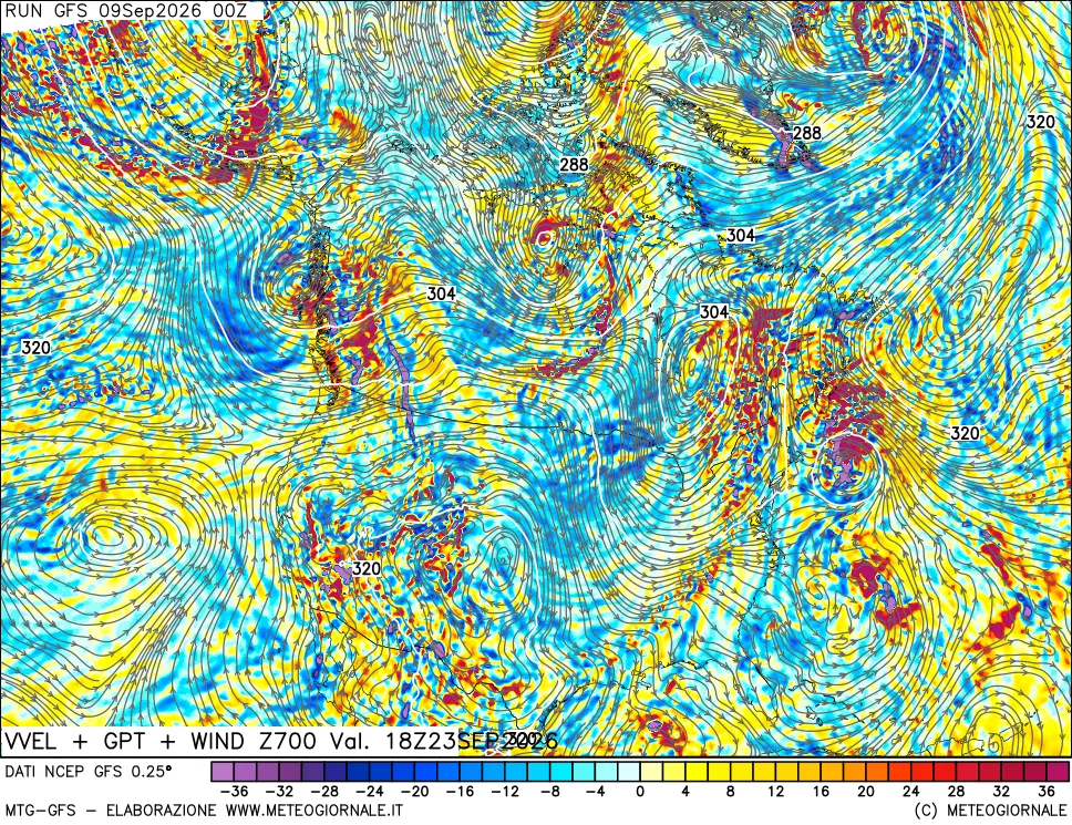 mappa 700 hPa Velocità verticiali + GPT + Vento