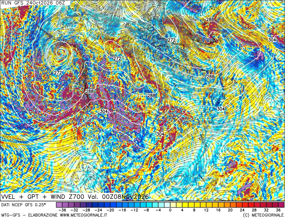 mappa 700 hPa Velocità verticiali + GPT + Vento