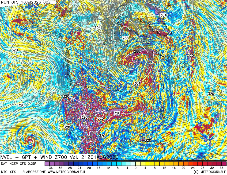 mappa 700 hPa Velocità verticiali + GPT + Vento