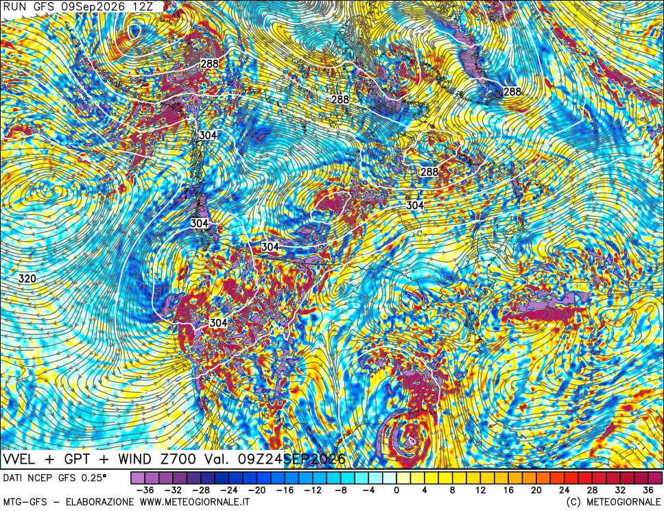 mappa 700 hPa Velocità verticiali + GPT + Vento