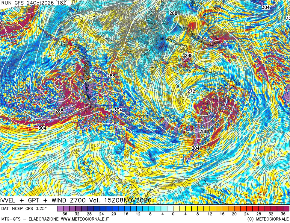mappa 700 hPa Velocità verticiali + GPT + Vento