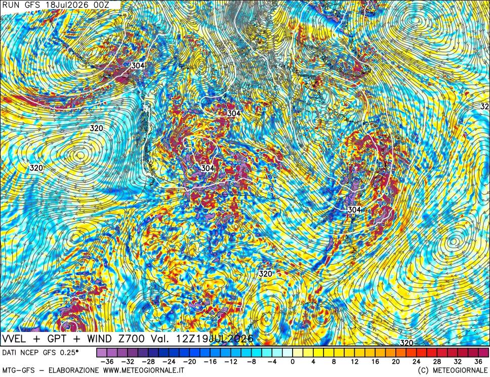 mappa 700 hPa Velocità verticiali + GPT + Vento