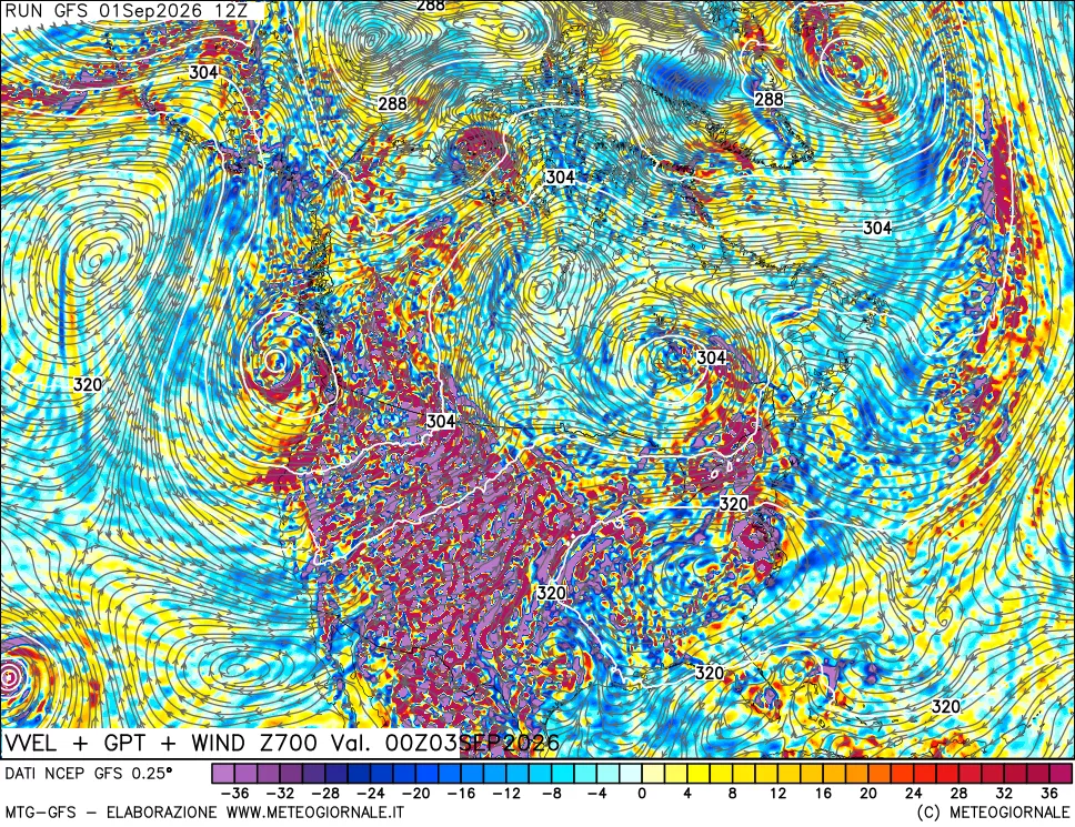 mappa 700 hPa Velocità verticiali + GPT + Vento