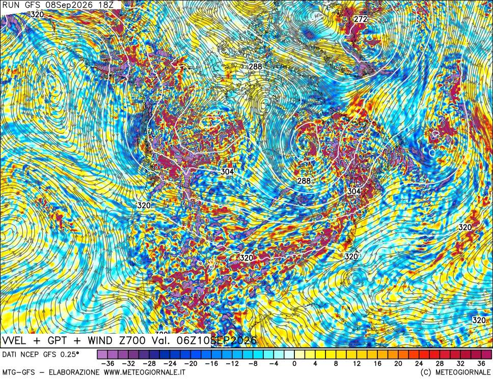 mappa 700 hPa Velocità verticiali + GPT + Vento